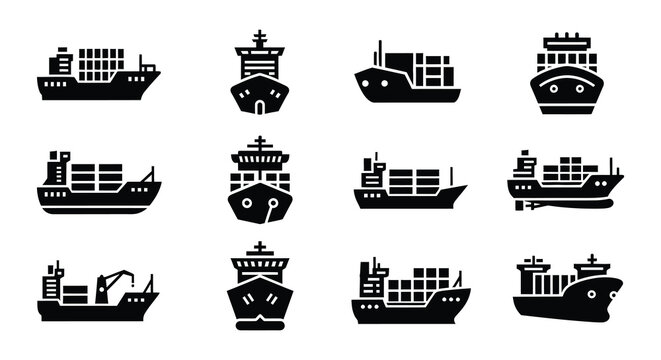 Collection of black silhouette icons depicting various types of cargo ships and tankers