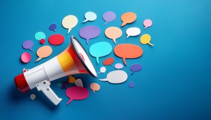 powerful megaphone with an array of colorful speech bubbles of varying shapes and sizes radiating outward on a solid blue background representing the concept of powerful messaging communication