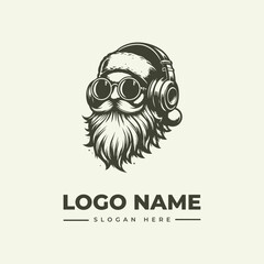 A black and white illustration of a bearded man wearing a Santa hat and headphones with goggles, against a plain background, showcasing a unique logo design.