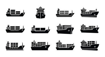 Collection of black silhouette icons depicting various types of cargo ships and tankers © MdNirob