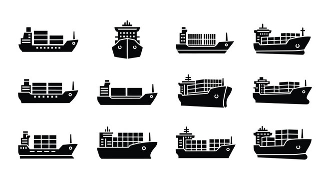 Collection of black silhouette icons depicting various types of cargo ships and tankers