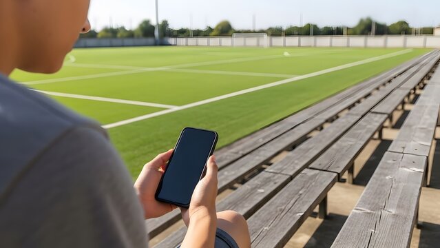 Person sitting on bleachers at soccer field with smartphone