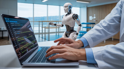 Medical and Technology. A futuristic scene showing a robotic figure beside a person typing on a laptop, highlighting the intersection of technology and healthcare.