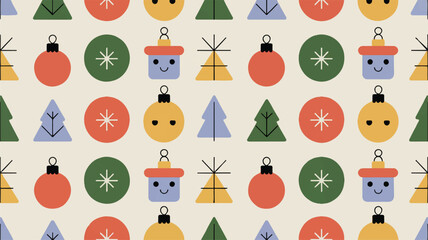 Charming Kawaii Christmas Pattern Festive Baubles, Trees, and Smiles on Cream Background