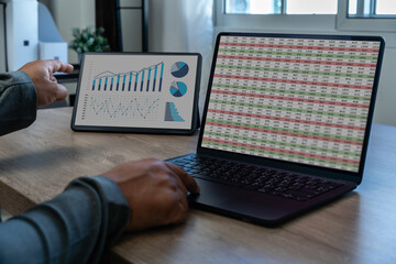 analysis data man using a tablet to analysis chart marketing company financial budget report strategy in office statistic professional Analyzing Financial Data On Computer
