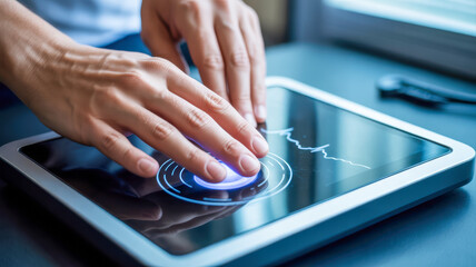 Medical and Technology. A person interacts with a modern touchscreen device, manipulating a circular interface that displays waveforms, suggesting a technological or creative activity.
