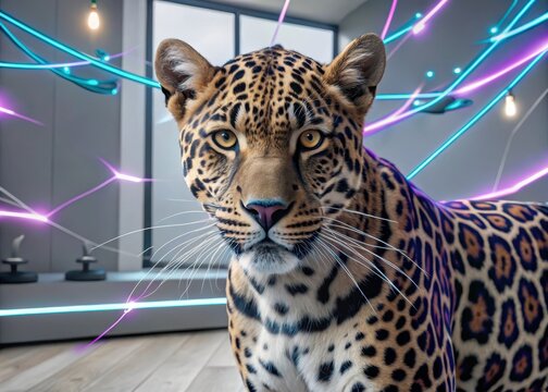 Heres the output based on the input concept Vibrant purple neon leopard pattern with a modern and edgy twist  A futuristic, hightech design insp