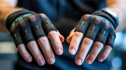 Medical and Technology. Close-up of a person"s hands wearing high-tech gloves featuring colorful patterns and designs, likely for gaming or virtual reality applications.