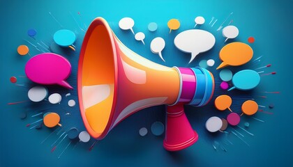 colorful 3d megaphone with multiple speech bubbles in a vibrant blue 3d space symbolizing the power of communication messaging and amplifying one s voice this image represents the technology design