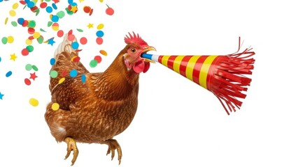 chicken with a party noise maker in it's mouth, celebration, fun, on a white background, animal photo, blowing