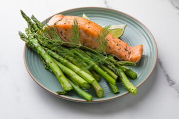 Healthy baked salmon served with roasted asparagus and seasonal vegetables on a plate. Clean eating, balanced nutrition, home cooking concept.