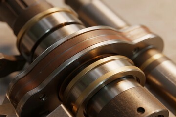Close-up of a metallic crankshaft with polished journals and connecting rod bearings
