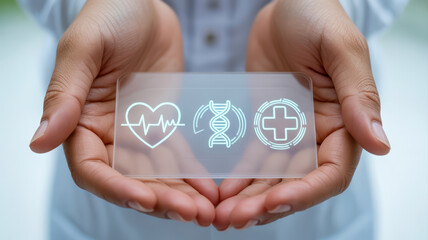 Medical and Technology. A person holds a transparent card displaying health symbols: a heart rate line, DNA strand, and medical cross, symbolizing healthcare and technology.