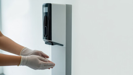 Medical and Technology. A person with gloved hands is using a wall-mounted hand sanitizer dispenser in a clean, modern setting.