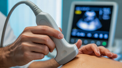 Medical and Technology. A healthcare professional performs an ultrasound on a patient, showing a medical imaging device in action with a screen displaying ultrasound visuals.