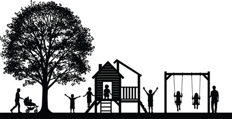 Family playground silhouettes illustration, children playing on swings and playhouse, parents supervising, park leisure scene with trees, black vector design