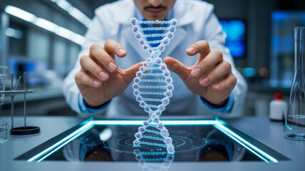 Medical and Technology. A scientist manipulates a 3D model of DNA in a modern laboratory, showcasing advanced biotechnological research and innovation.