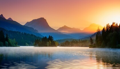 misty lake at sunrise with mountains and forest