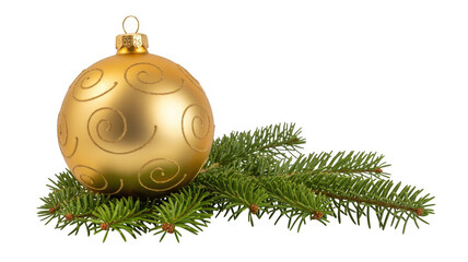 Gold Christmas ornament with swirls on a pine branch isolated on a transparent background