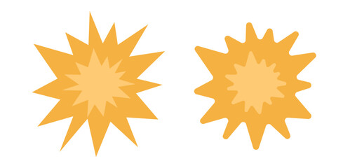 Explosion star burst blast icon vector comic humor style graphic illustration set, sale discount offer starburst bomb flash effect sign symbol, cartoon flare starburst splash isolated shape silhouette