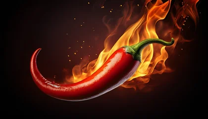 Keuken achterwand Hete pepers fiery red chili pepper ignited in flames against a dark background  © Donald