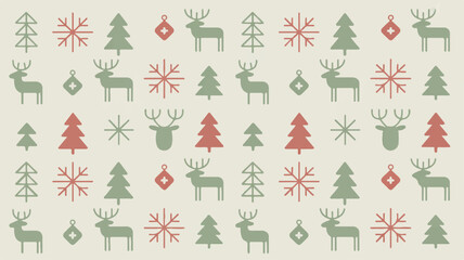 Festive Scandinavian-inspired Christmas pattern featuring reindeer, snowflakes, and trees on a neutral background, perfect for holiday decorations and crafts