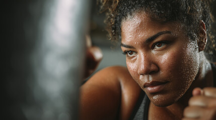 Black plus-size female boxer training on a reflex bag in a modern studio. Confident, powerful, and inclusive boxing fitness. Female sportswoman, training punches on boxing bag. Confident athlete.