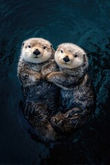 Two sea otters cuddling in water (1)