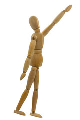 Wooden jointed figurine posed as if looking up and pointing