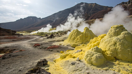 Steam rises from yellow sulfur formations near a mountain in a geothermal area during the day with clouds in the sky