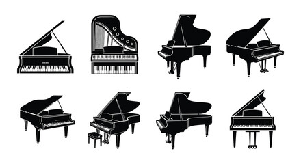 Collection of various piano silhouettes demonstrating different styles and design forms © MdNirob