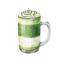 A watercolor illustration of a frothy matcha green tea latte in a clear glass mug. The beverage features layers of green and is topped with white foam, isolated on white.