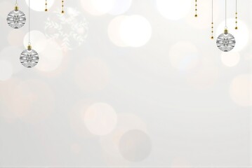Dreamy Silver Christmas Background with Ornaments and Glowing Lights
