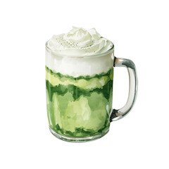 A watercolor illustration of a frothy matcha green tea latte in a clear glass mug. The beverage features layers of green and is topped with white foam, isolated on white.