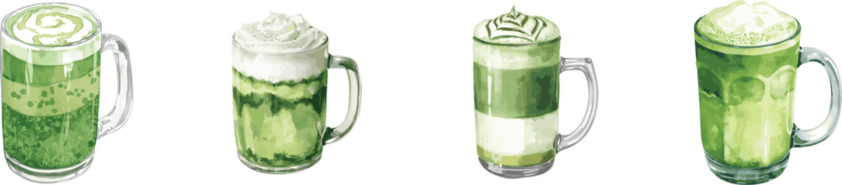 A watercolor illustration set of a frothy matcha green tea latte in a clear glass mug. The beverage features layers of green and is topped with white foam, isolated on white.