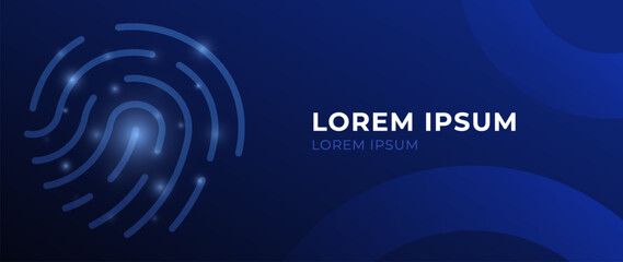 Dark blue gradient background with glowing fingerprint biometrics and authentication shape. Minimal digital technology navy blue bg with simple biometric authentication pattern for innovation design