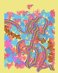 Fototapeta premium Hand Drawn Vector Psychedelic Rainbow Leaf Pattern, Colorful Trippy Nature Background, Hippie 60s Style Art, Abstract Chaos Texture for Festival Posters 