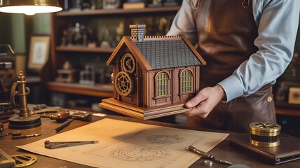 Craftsman presenting wooden house model in workshop
