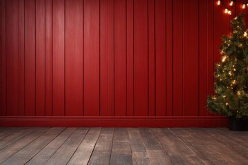 Red paneled wall with wooden floor and a lit Christmas tree in the corner, festive warm glow. Warm, soft glow