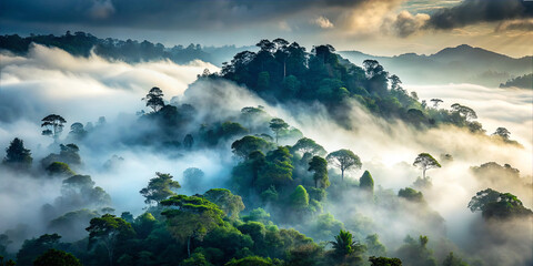Mist covers hills and trees in a forest landscape during early morning hours in a tropical region