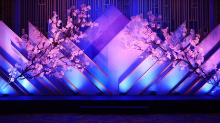 Vivid night scene with pink cherry blossoms and geometric blue light panels along a reflective waterfront. LED