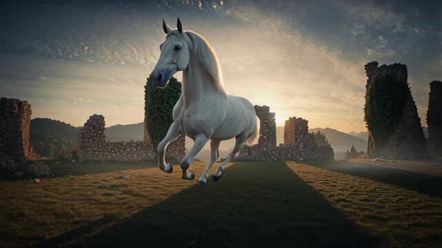 Majestic white horse rearing and galloping through ancient ruins at sunset. Cinematic stallion running freely near stone arches. Fantasy and history concept