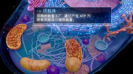 线粒体产生细胞能量的中文 3D 插图