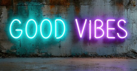 Neon sign displays Good Vibes against textured concrete wall. Bright colors contrast dark background creating vibrant mood.