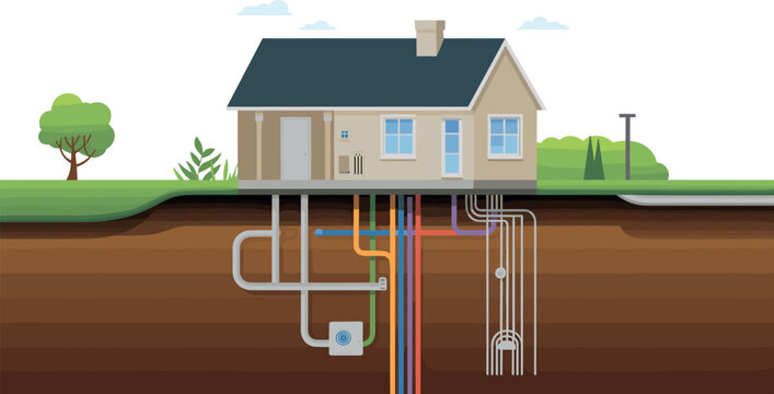 Smart Home Vector Illustration with Underground Utility System and Energy Connections