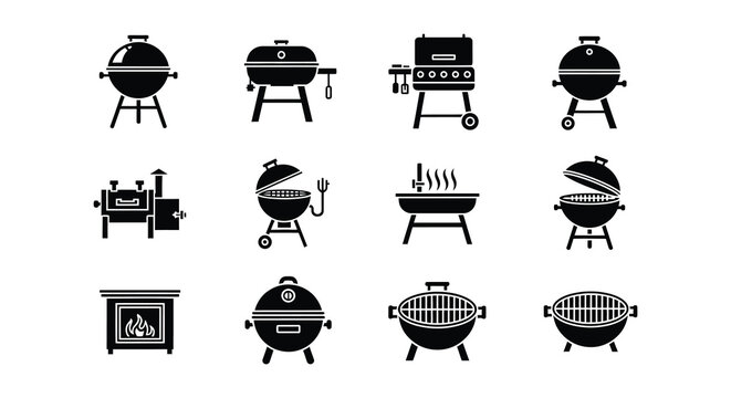 Variety of grilling equipment icons barbecues smokers and portable grills displayed