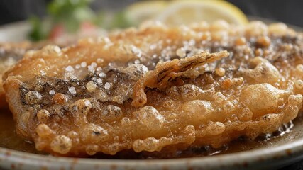 A mouthwatering closeup shot of perfectly goldenbrown crispy fried fish showcasing its delectable texture and inviting aroma ready to be served as a gourmet meal or a delightful appetizer.