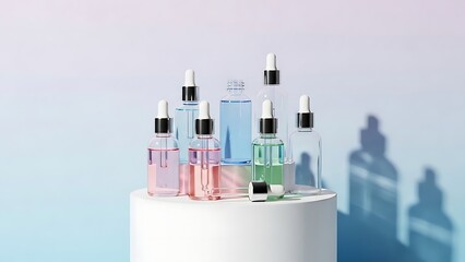 Medical glass vials and test tubes containing blue liquid are isolated on a white background as essential healthcare equipment for science and cosmetic technology