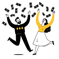 Couple celebrating financial success with money falling around them