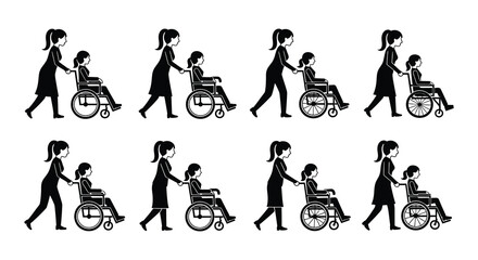 A series of silhouettes depicting a person assisting another in a wheelchair